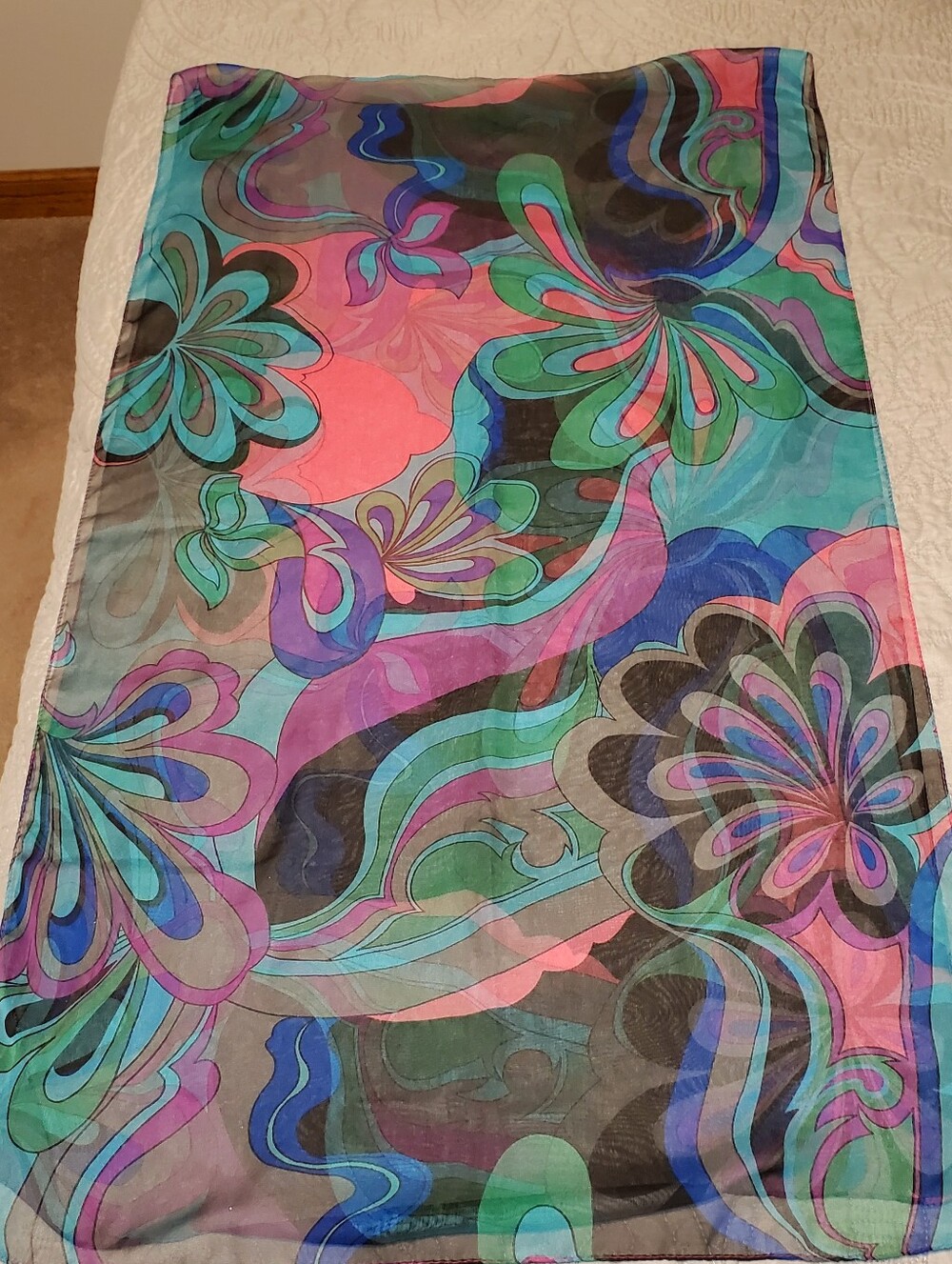 Vintage Vibrant Sheer Floral Scarf in Teal, Pink & Purple,